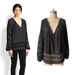 Ramy Brook Black Silk V-Neck Peasant Blouse, Sheer Panels, Long Sleeves Size S/M